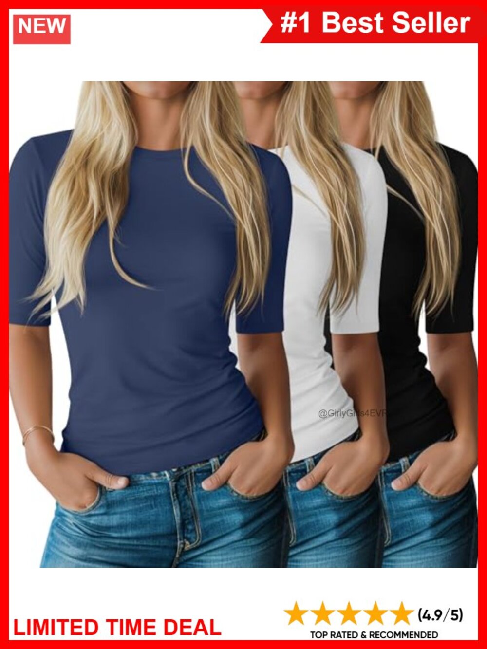 Women's Crewneck Slim Fit Half Sleeve Tops 3 Pack Cotton Blend Tees